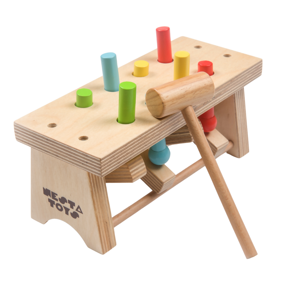 Nesta Toys Wooden Pounding Bench Toy with Hammer, Montessori Toy for Babies & Toddlers (1+ Years), STEAM Toddler Toy