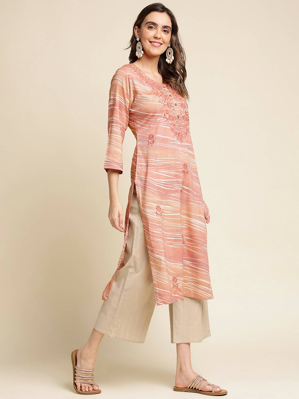 Peach Poly Rayon Stripe Printed Straight Fit Kurta - Prasuti