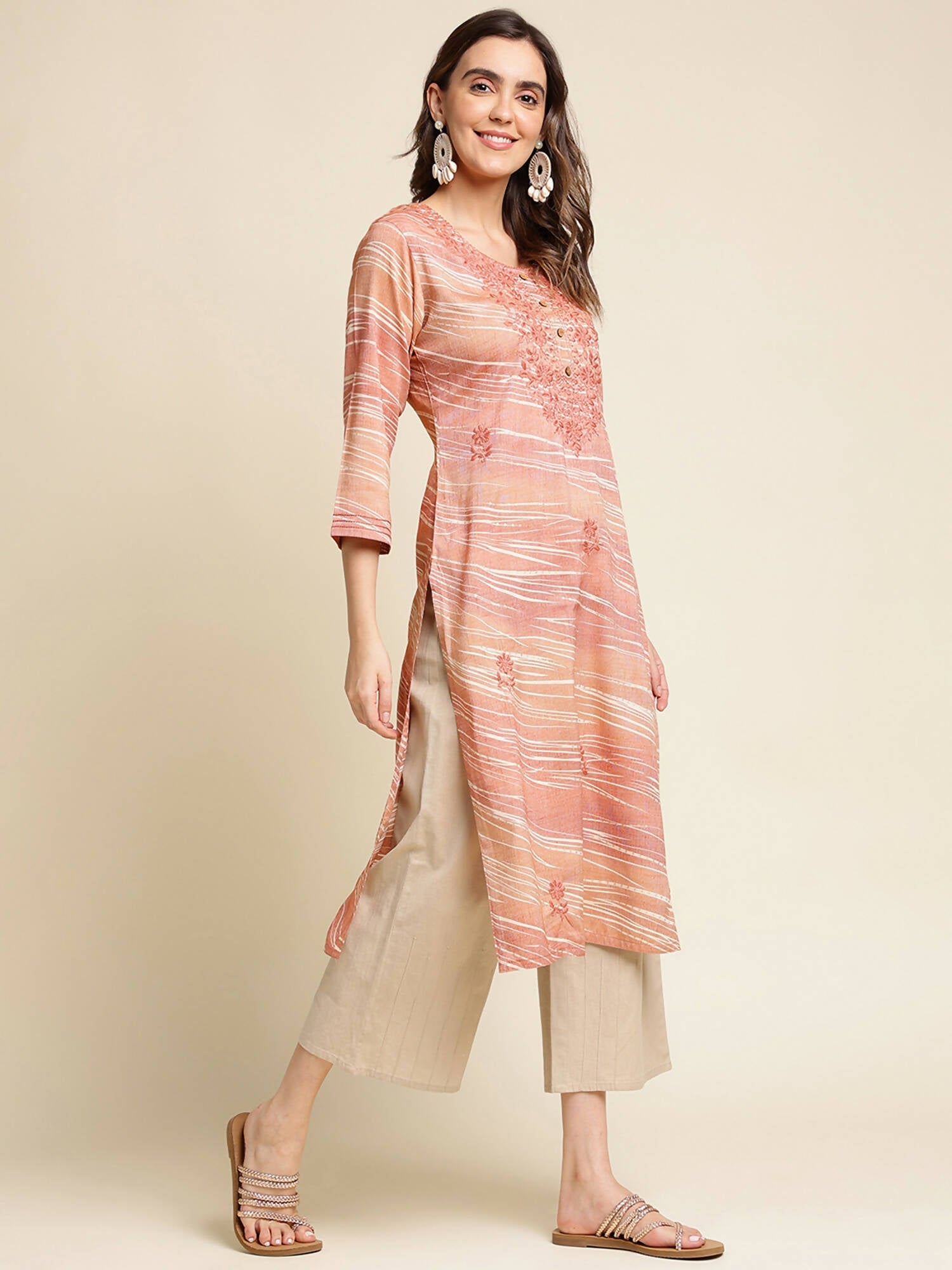 Peach Poly Rayon Stripe Printed Straight Fit Kurta - Prasuti