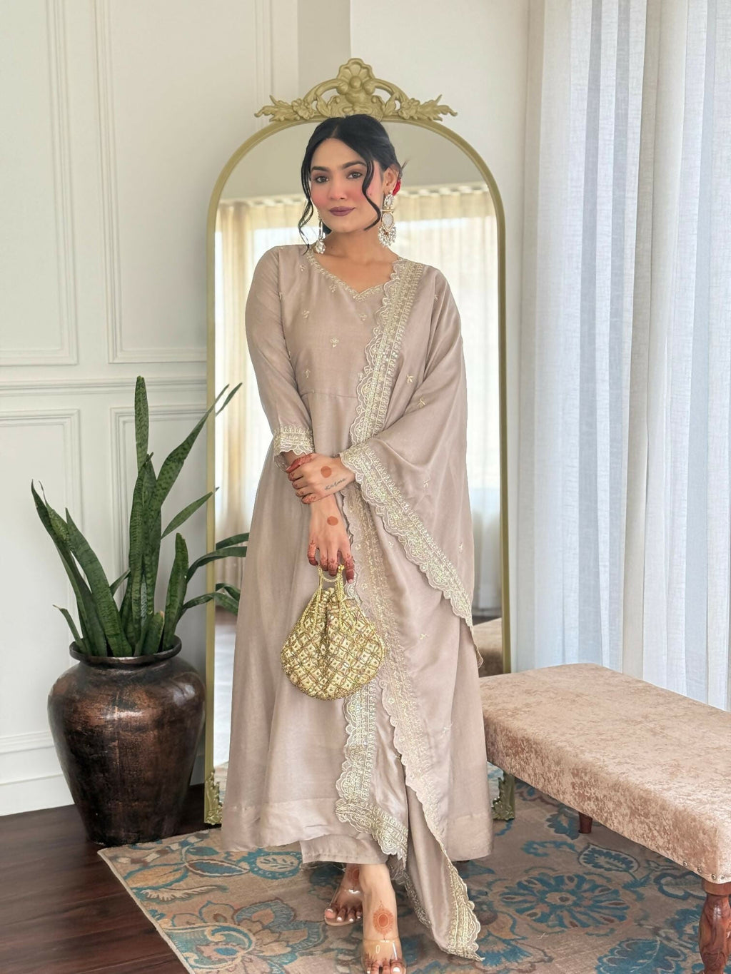 The52 CreamWomen's Gorgeous Vichitra Silk Fabric Embroidered Work Flared Anarkali Pant and Dupatta Set