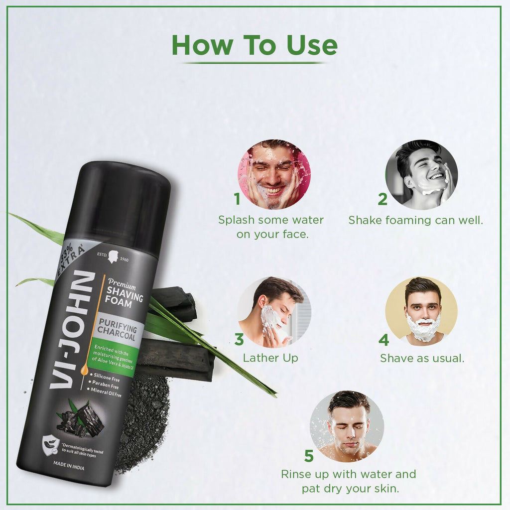 VI-JOHN Dermatologically Tested Premium Purifying Charcoal Shaving Foam Enriched with Aloevera & Jojoba Oil Free From Silicone, Paraben & Mineral Oil
