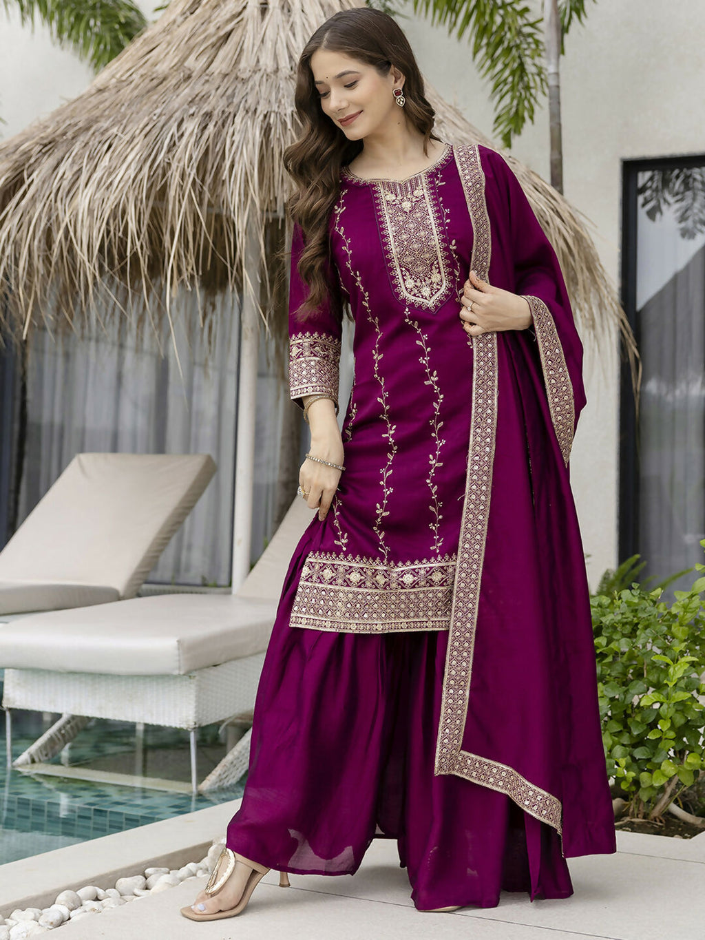 The52 Wine Beautiful Embroidered Vichitra Silk Fabric Straight Kurta, Palazzo and Dupatta Set