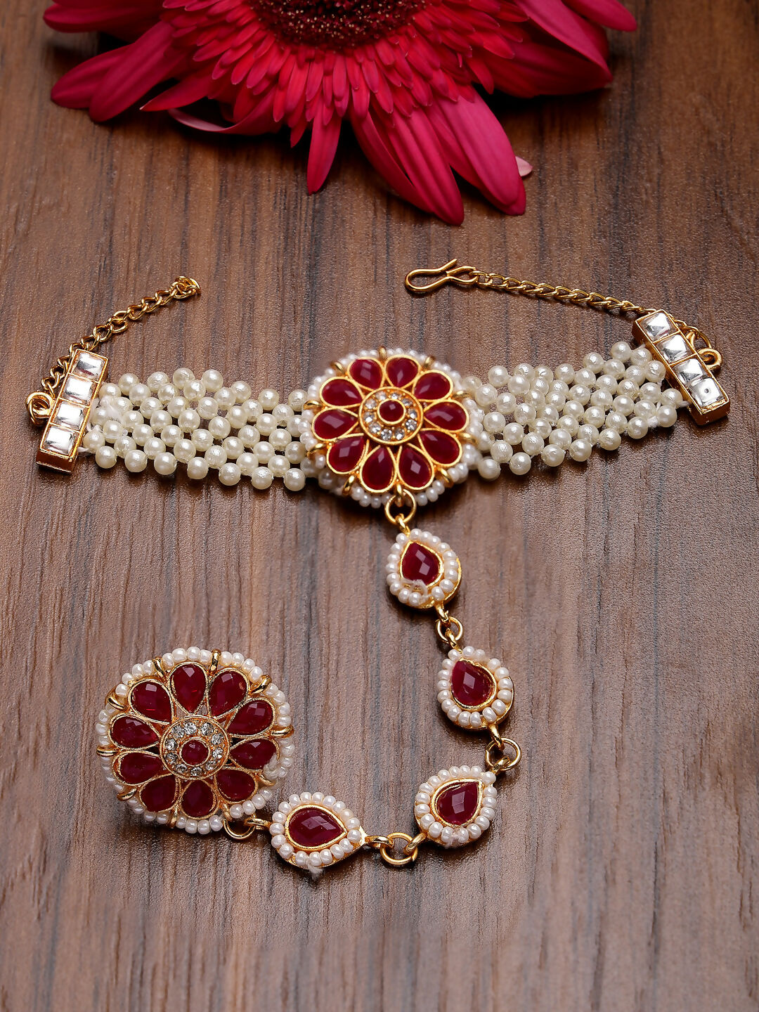 NVR Women's Red Gold-Polished Stone Studded Handcrafted Ring Bracelet
