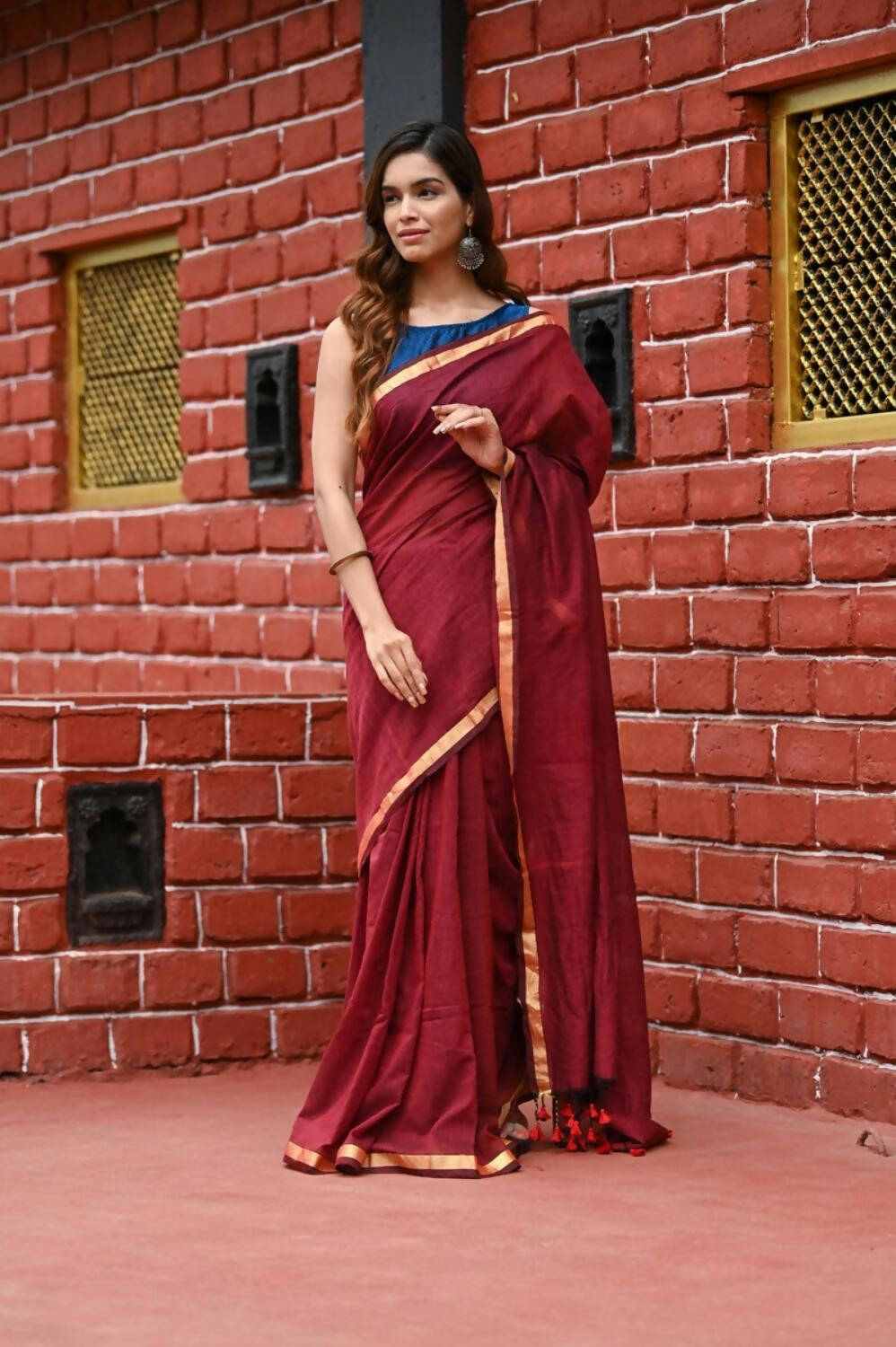 Very Much Indian Pure Cotton Handloom Saree With Intricate Borders - Red