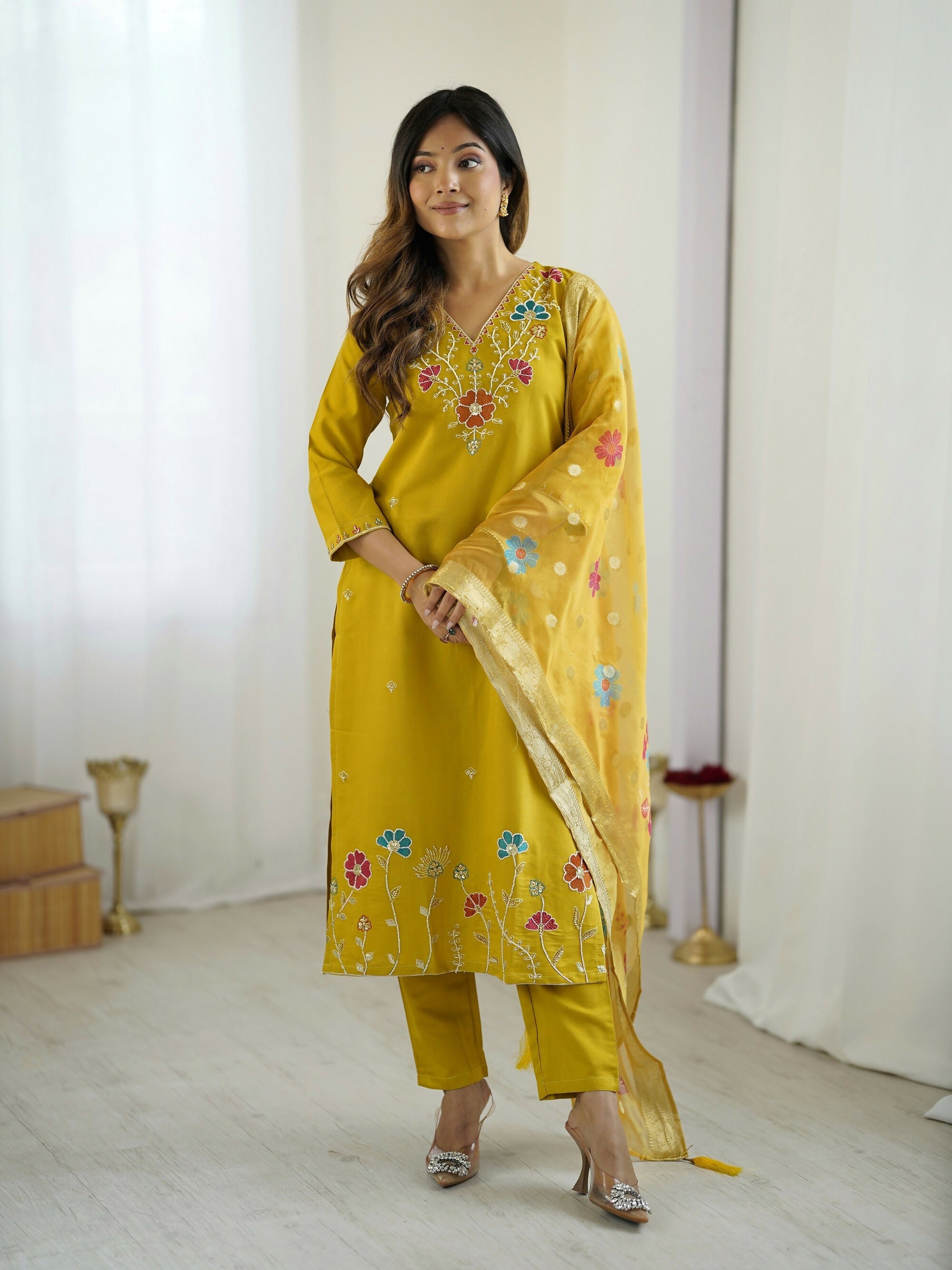 The52 Yellow Women's Gorgeous Embroidered work Viscose Gadhwal Fabric Straight Kurta, Pant and Dupatta Set