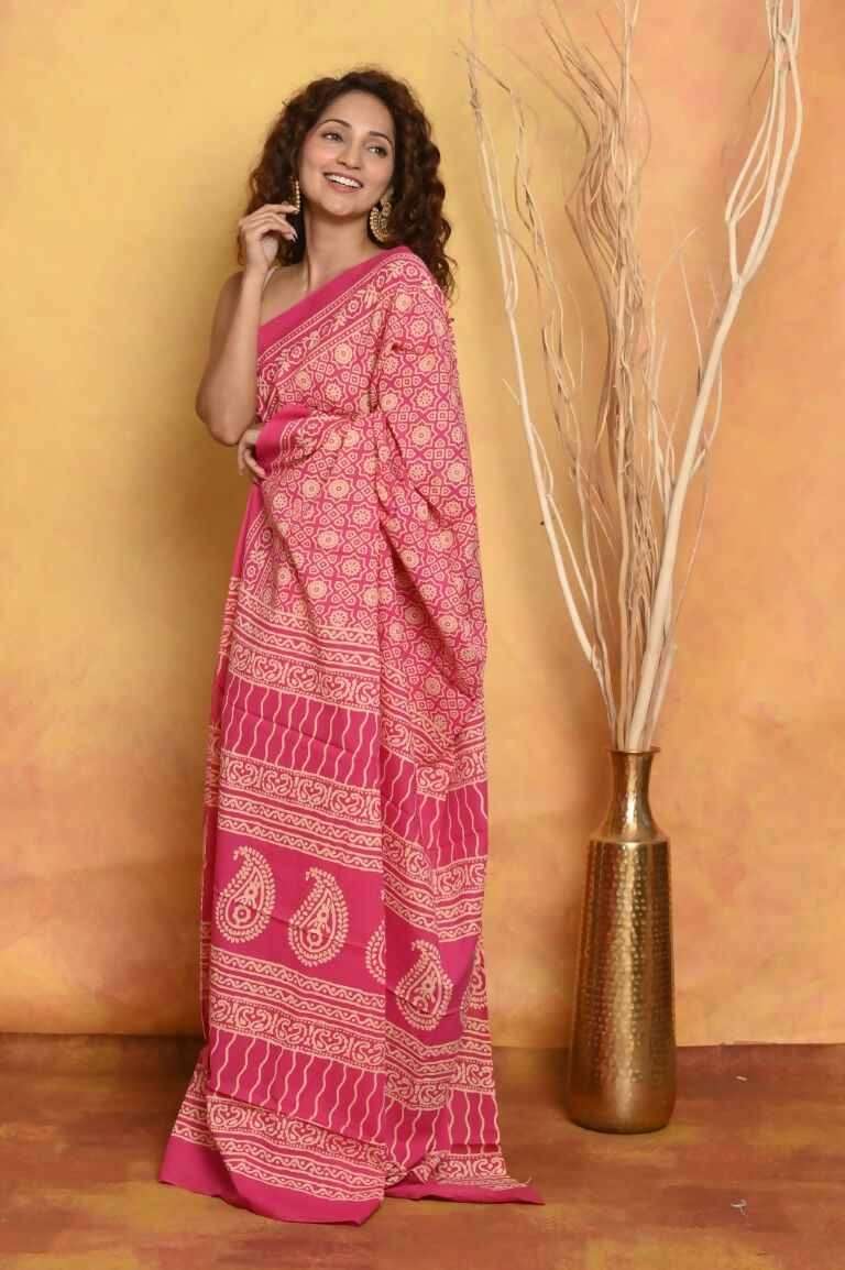 Very Much Indian Pure Cotton - Natural Dyes Handblock Printed Saree - Pink