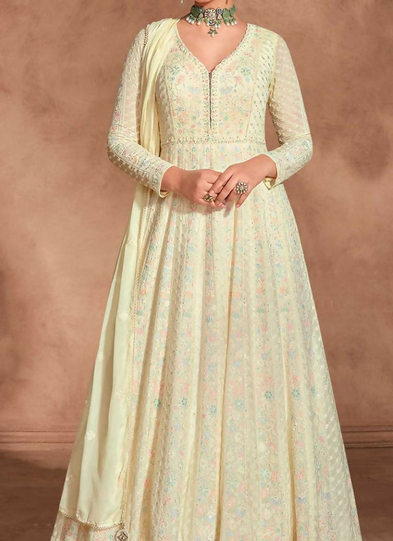 Vastranavya Cream Chikankari Embroidered Sequence Work Abaya Suit