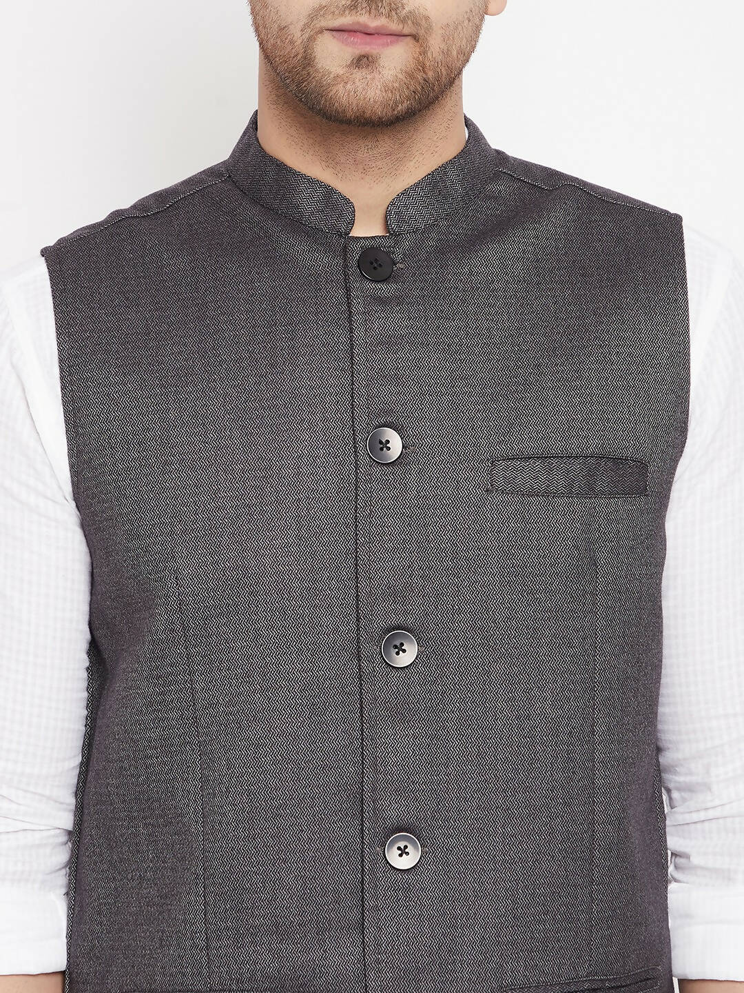 Even Apparels Grey Merino Men Woven Nehru Jacket PW685