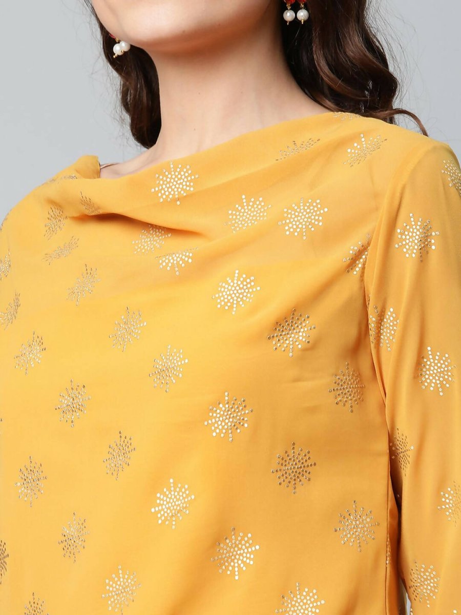 Ahalyaa Womens Mustard Georgette Gold Foil Printed Kurta Sharara Set With Dupatta