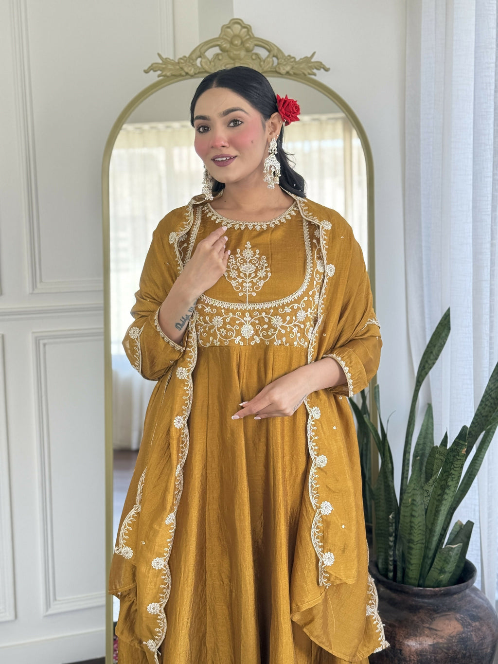 The52 Mustard Women's Gorgeous Embroidered Vichitra Silk Fabric Flared Kurta Pant with Dupatta Set