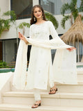 The52 White Women's Beautiful Rayon Slub Fabric Embroidered Work Straight Kurta, Pant and Dupatta Set