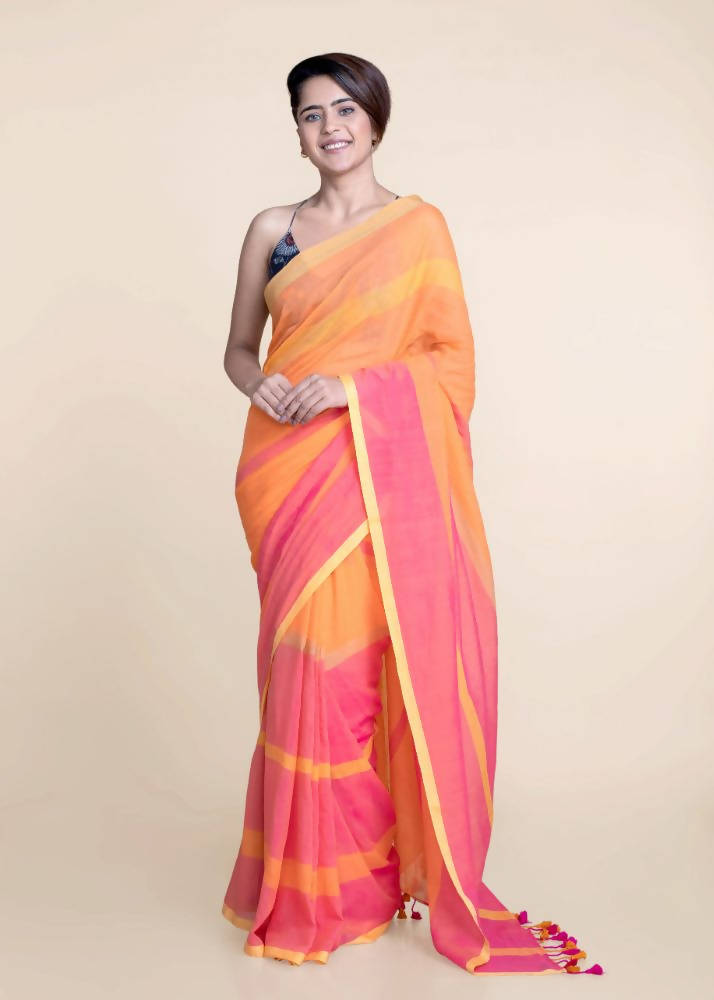 Suta Orange Pink Striped Mul Saree