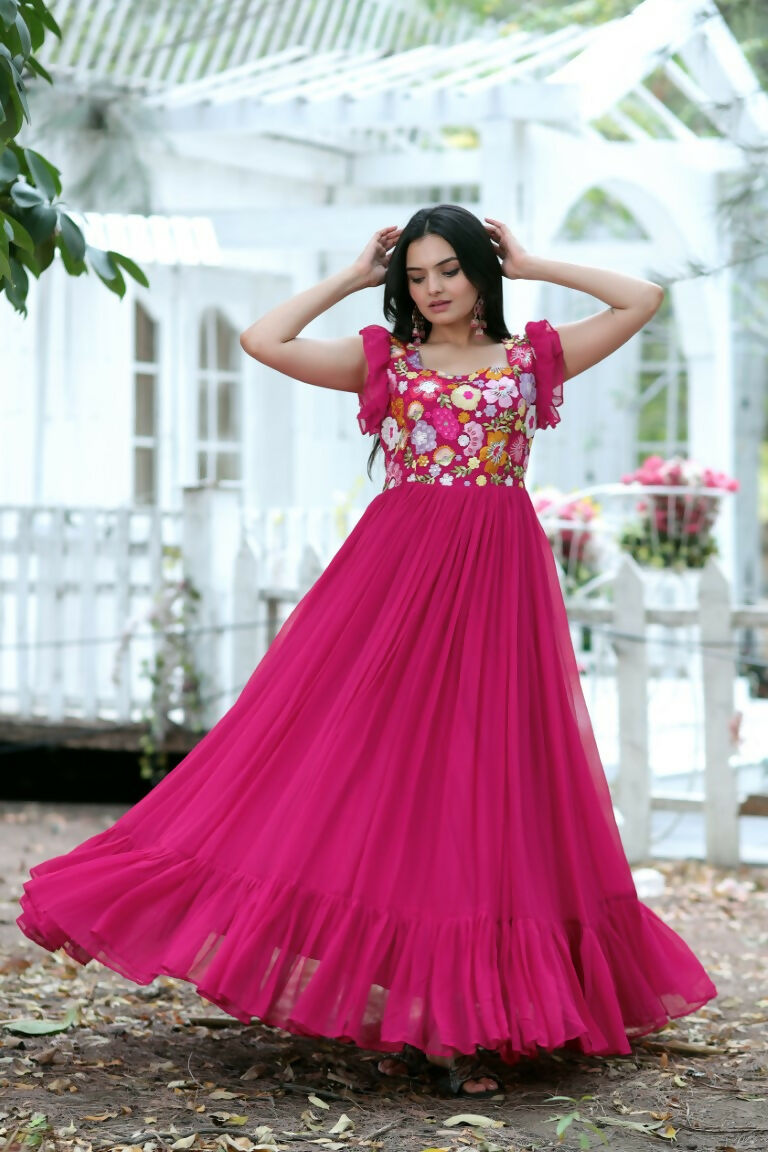 Jyoti Fashion Women's Rani Pink Sequins Thread Embroidery Faux Blooming Anarkali Dress