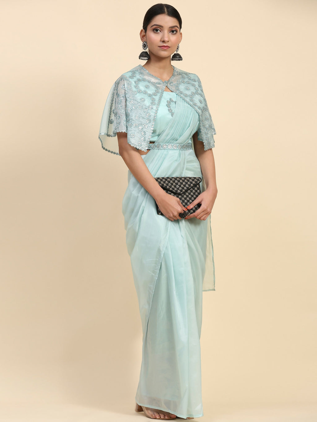 Blue Satin Solid Ready to wear Saree with stitched Blouse - Vanita