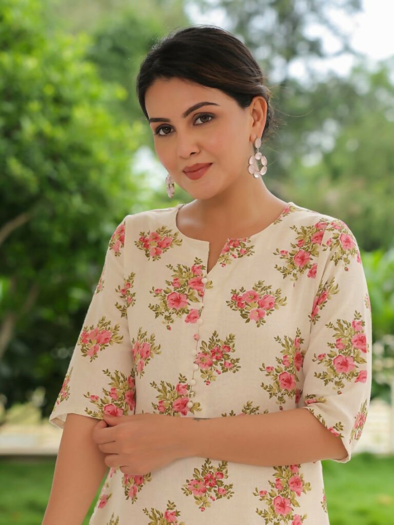 Aramya A-line Linen Cotton Floral Print Women's Kurta - Pink