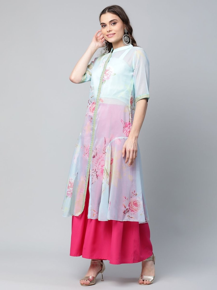 Ahalyaa Women Sea Green Floral Printed Top With Kurta