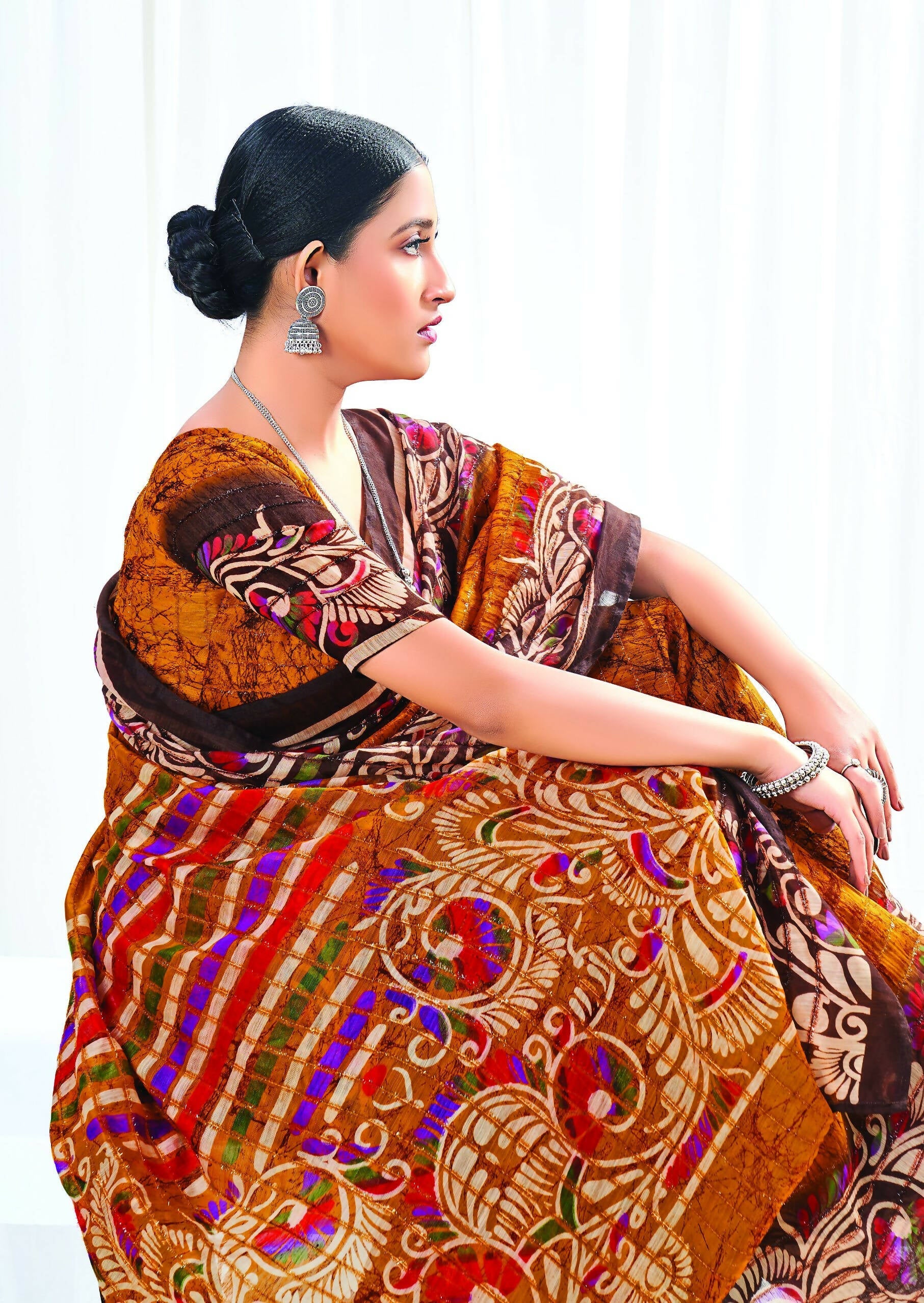 Mustard Chanderi Cotton Floral Printed Saree With Unstitched Blouse Piece - Kathika