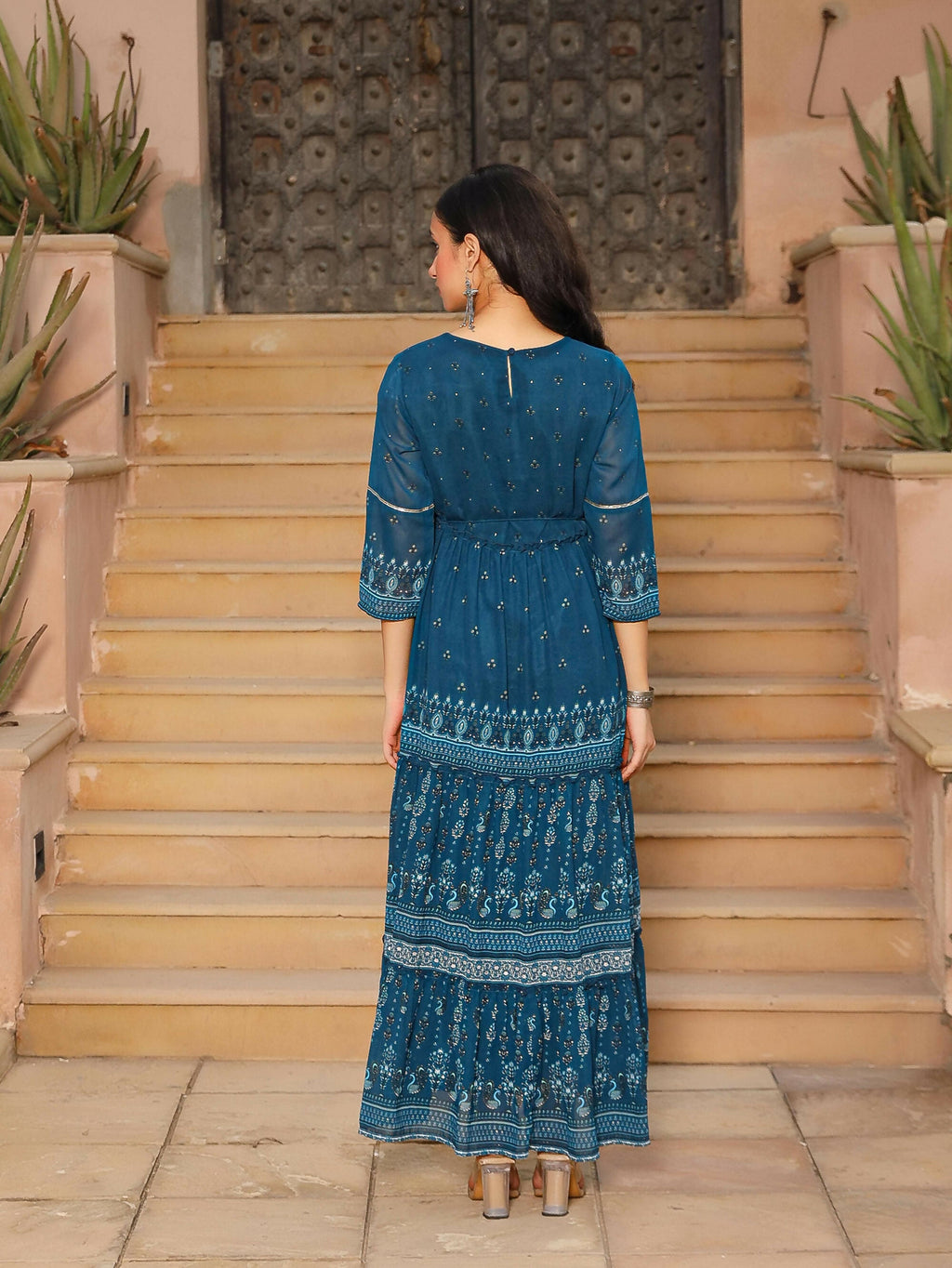 Juniper Women's The Dholitaro Blue Ethnic Motif Printed Georgette Tiered Dress With Sequins & Doris At Waist