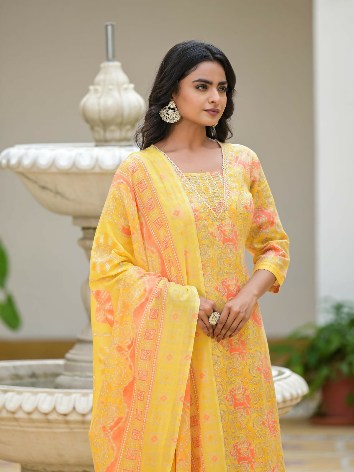 Juniper Women's Yellow Ethnic Motif Printed Cotton Kurta Pant With Dupatta Set With Sequins & Lace
