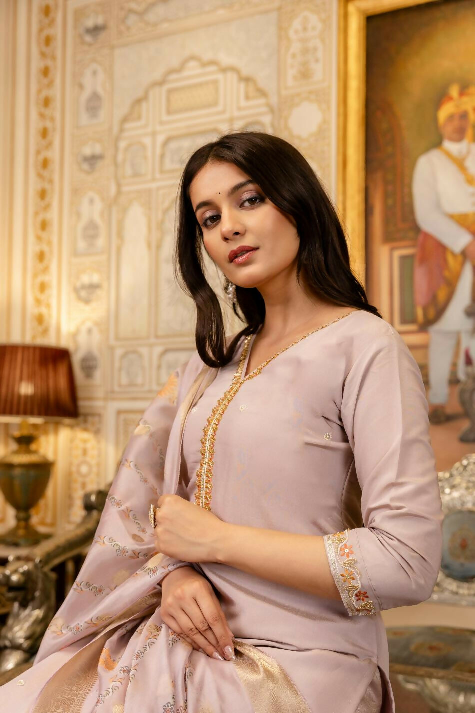 The52 Lavender Women's Beautiful Viscose Shimmer Fabric Embroidered Work Straight Kurta Pant and Dupatta Set