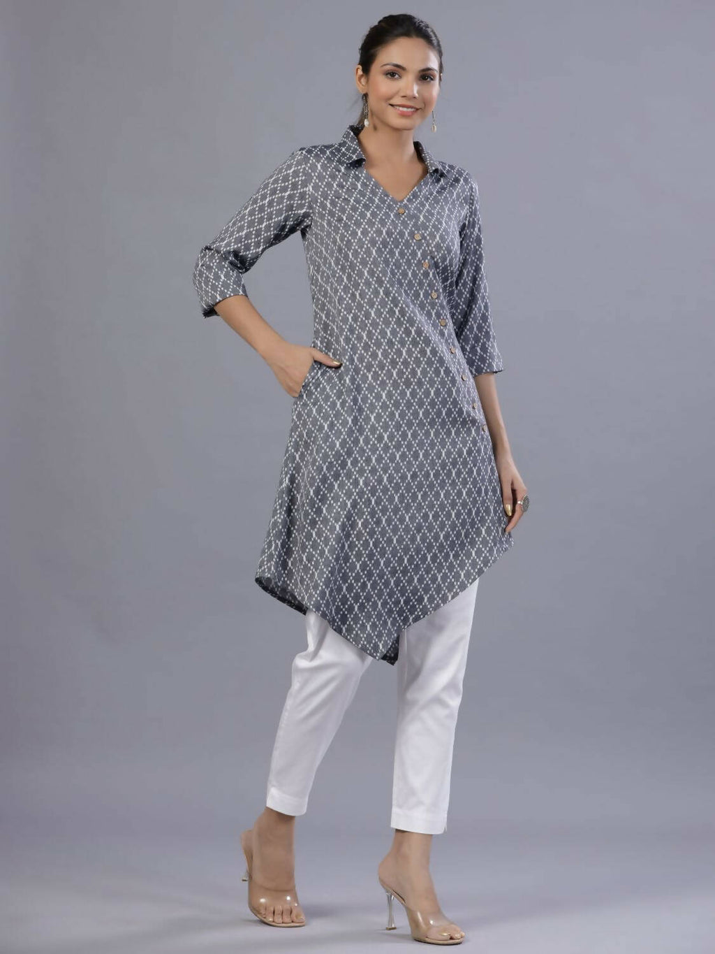 Juniper Women Blue Rayon Printed Asymmetric Kurta