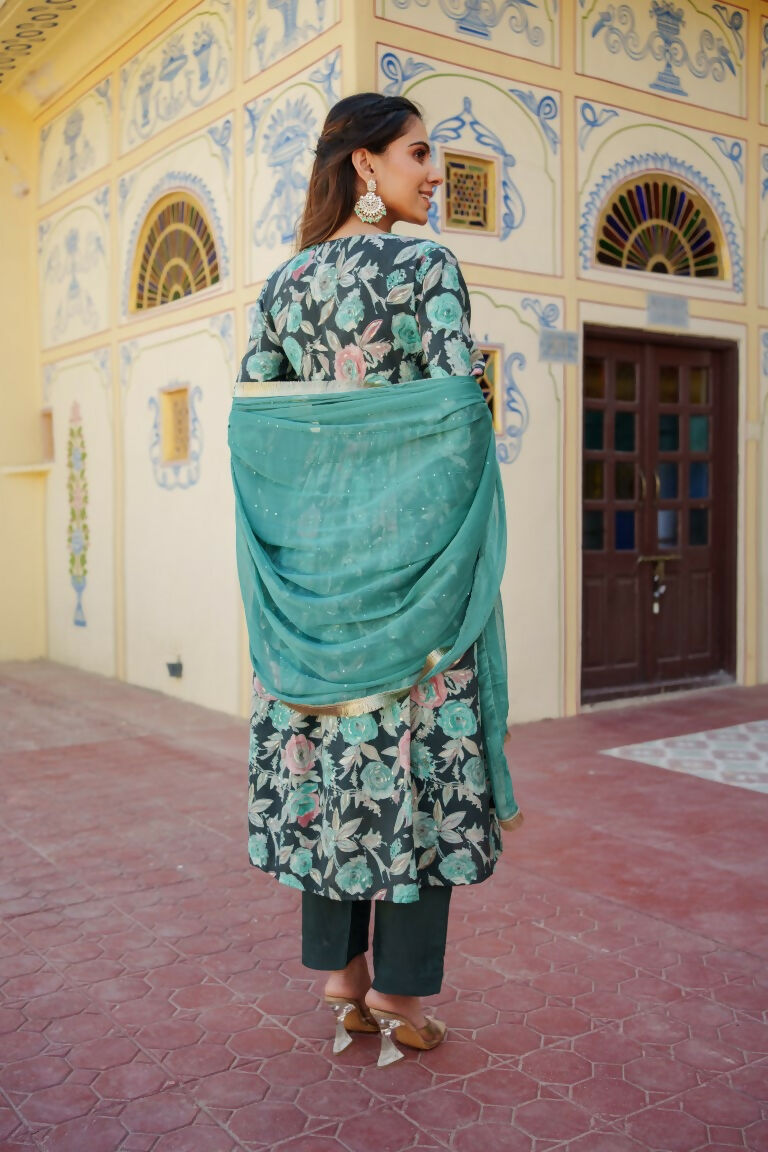 Vaasva Women Teal Muslin Embroidered Kurta, Pant & Dupatta Set