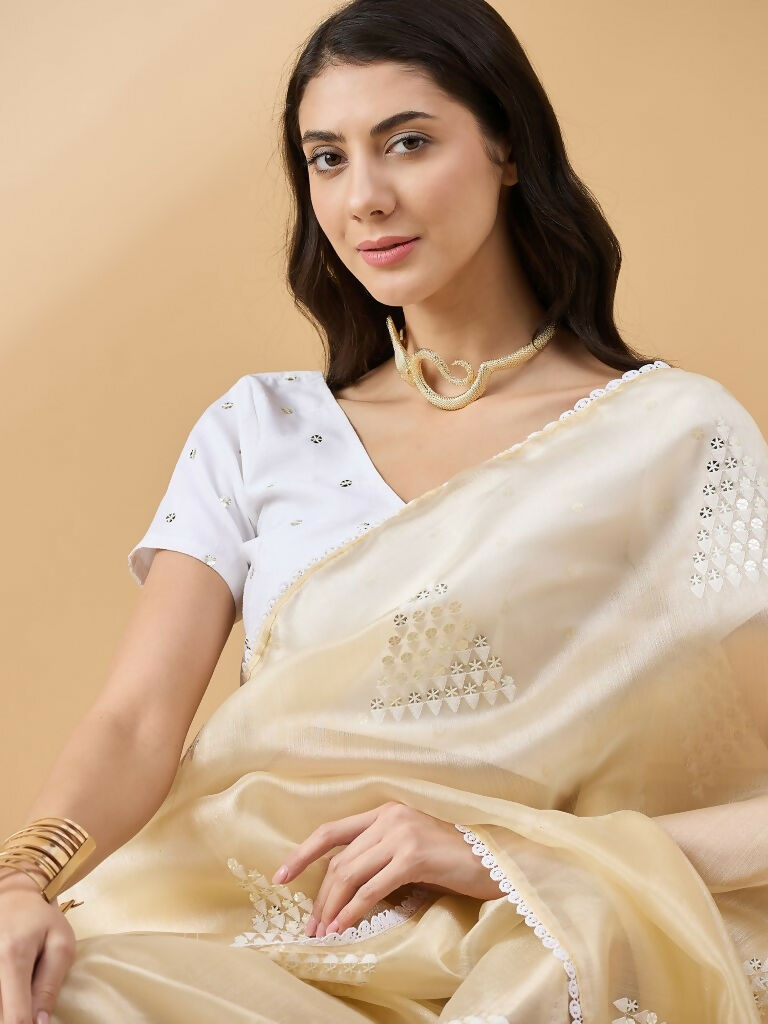 Yellow Tissue Slub Embroidered Saree with Unstitched Blouse - Vairagi