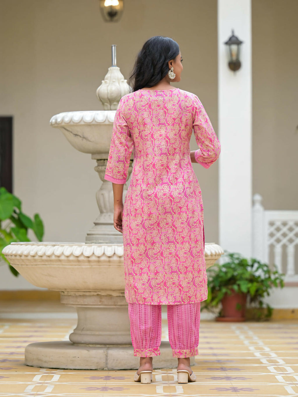 Juniper Women's Pink Ethnic Motif Printed Cotton Kurta Pant With Dupatta Set With Sequins & Lace