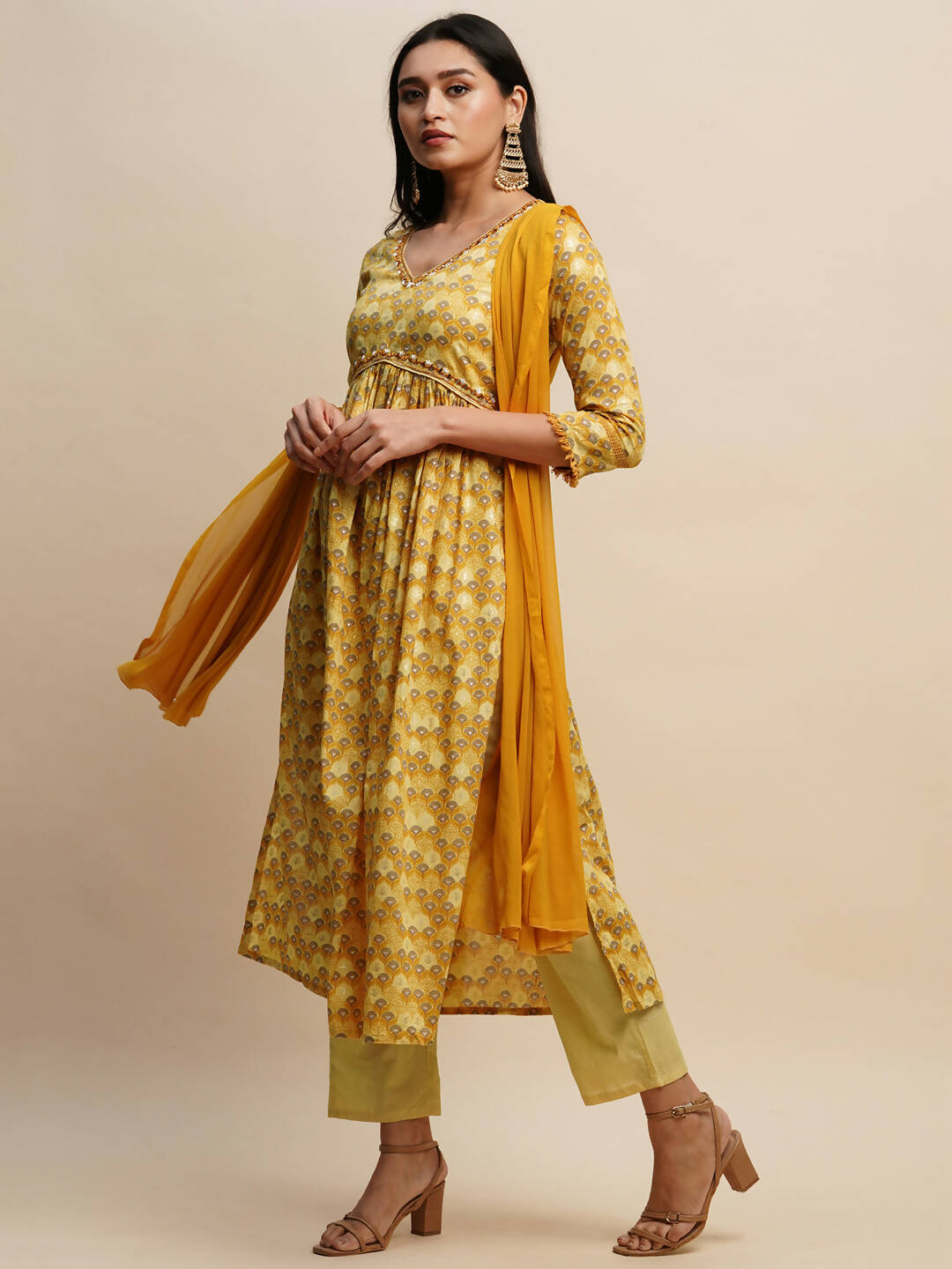Mustard Pure Cotton Floral Printed Naira Cut Kurta And Bottom With Dupatta - Akashara