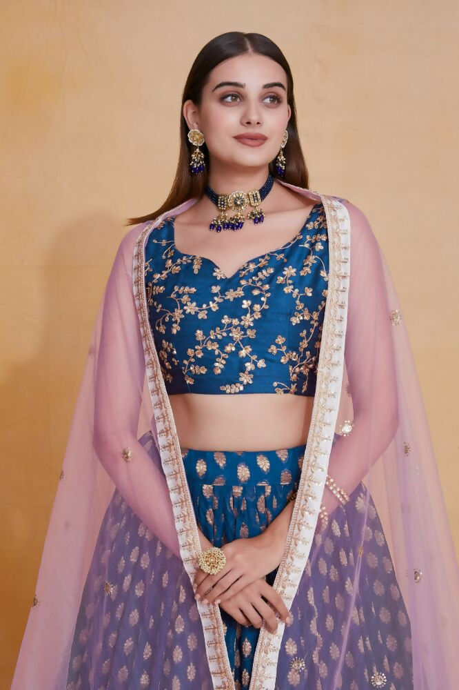 Teal Blue Zari Weaving Work Georgette Banarasi Lehenga Choli - Jihu Culture