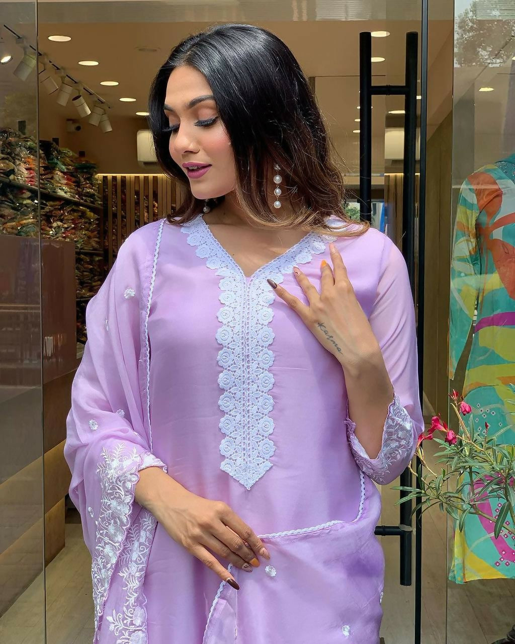 The52 Lavender Women's Gorgeous Embroidered Georgette Fabric Straight Kurta Pant with Dupatta Set
