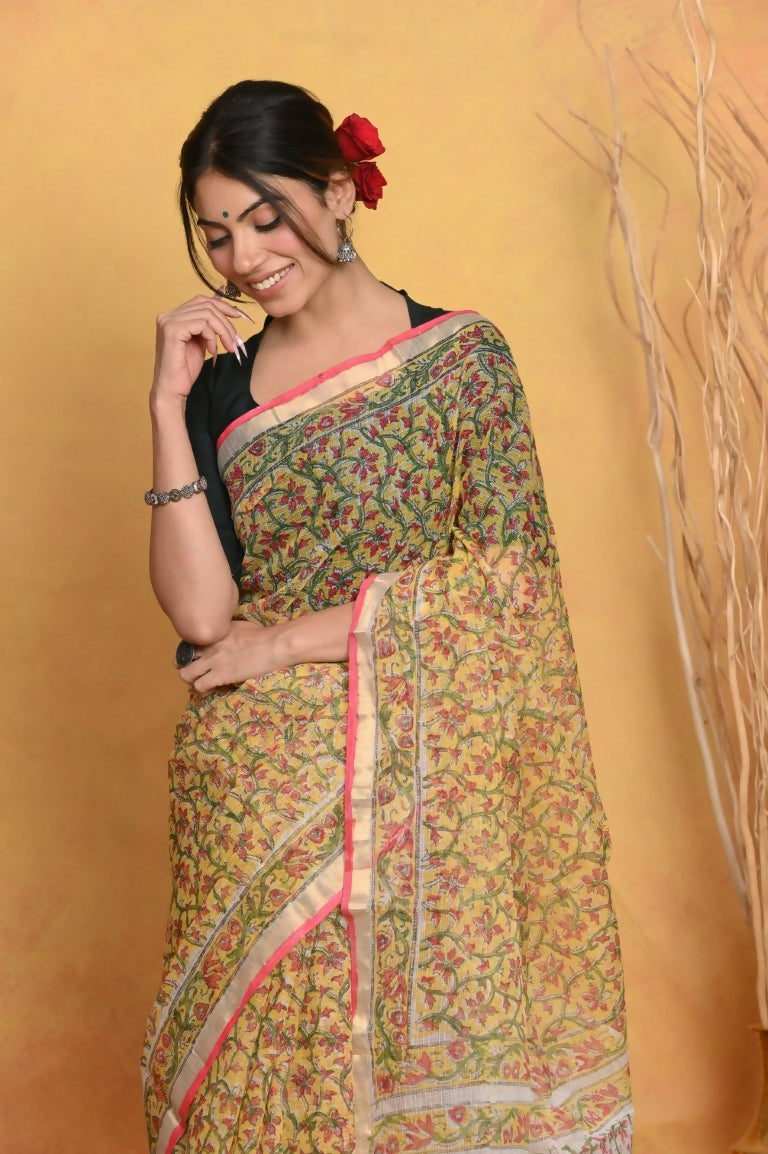 Very Much Indian Pure Kota Cotton Handblock Printed Saree - Yellow