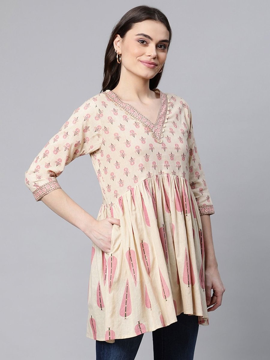 Ahalyaa Women Beige Pure Cotton Printed Tunic