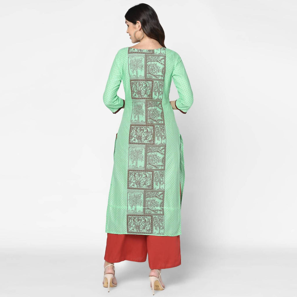 Cheera Hand Block Print Light Green & Maroon Straight Kurta With Palazzo (MAAI-090K)