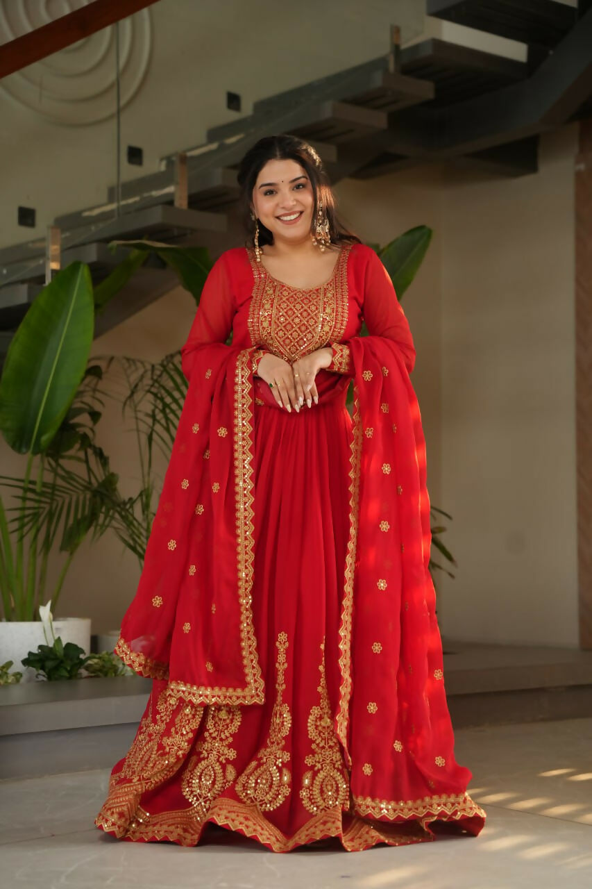 Vastranavya Red Faux Blooming with Embroidery Zari Sequins Work Gown