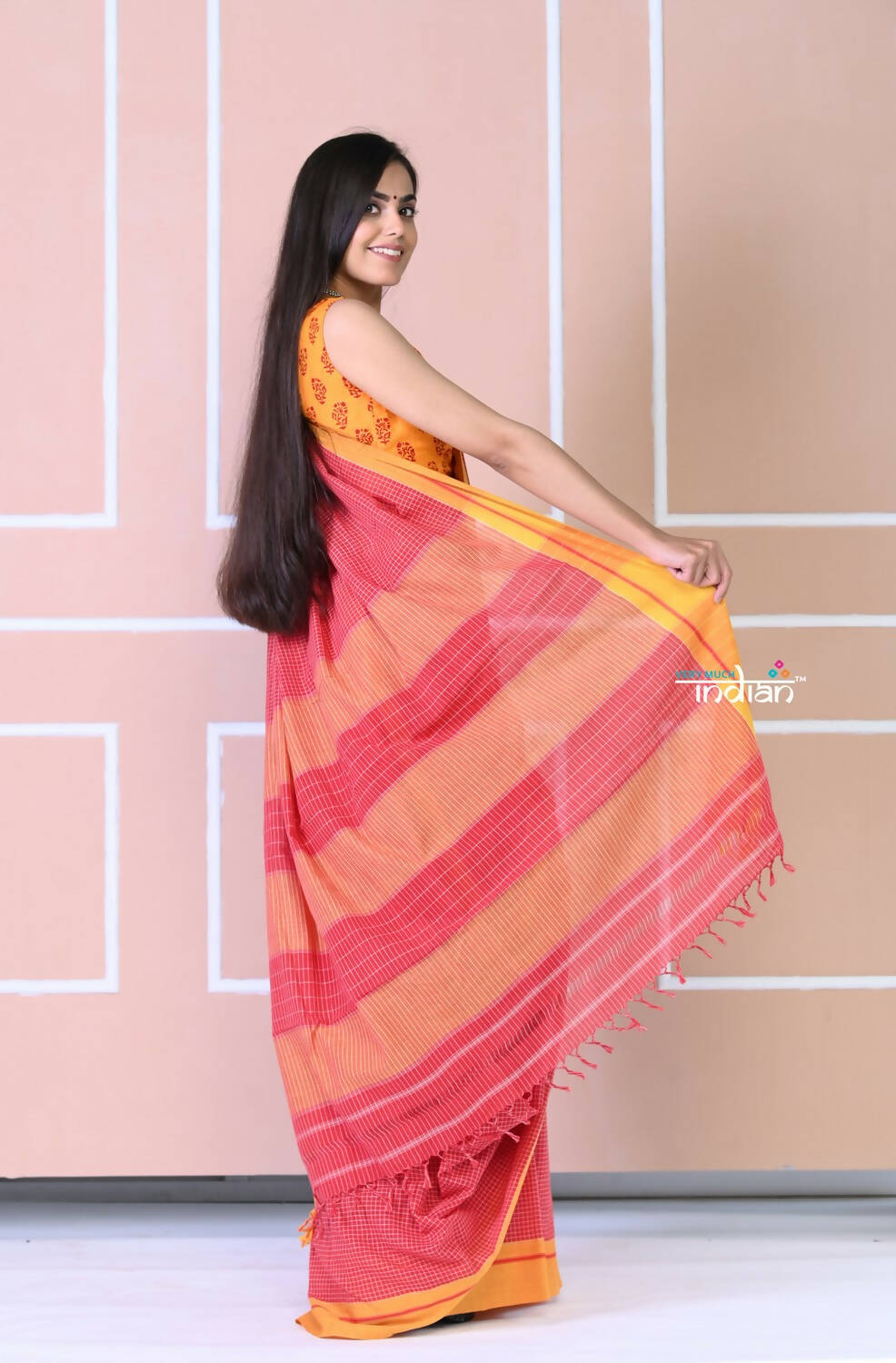 Very Much Indian Traditional Patteda Anchu Ilkal Handloom Saree-Disperse Orange