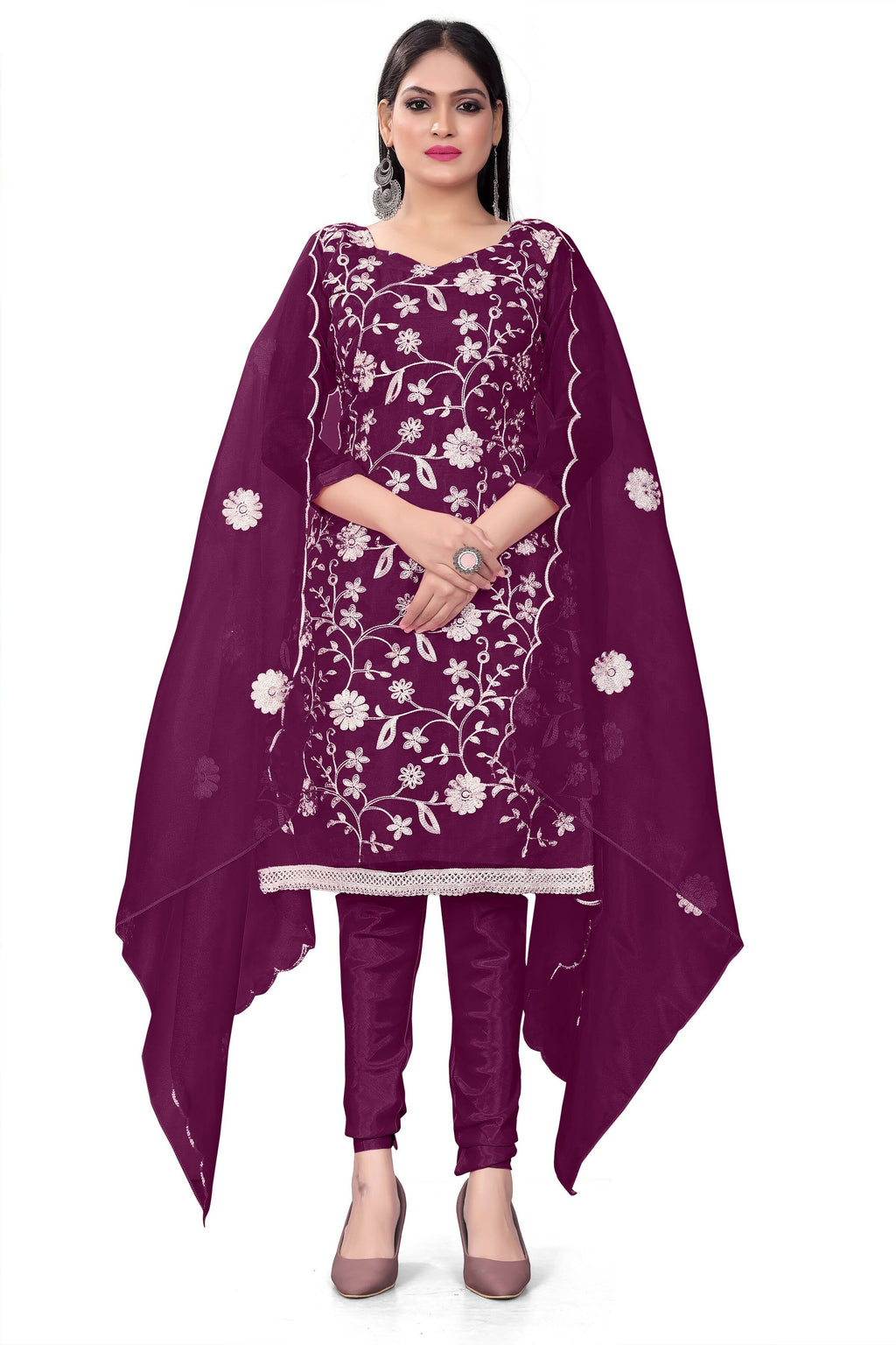 Purple Organza Silk Embroidered Work Unstitched Dress Material - Tanvi