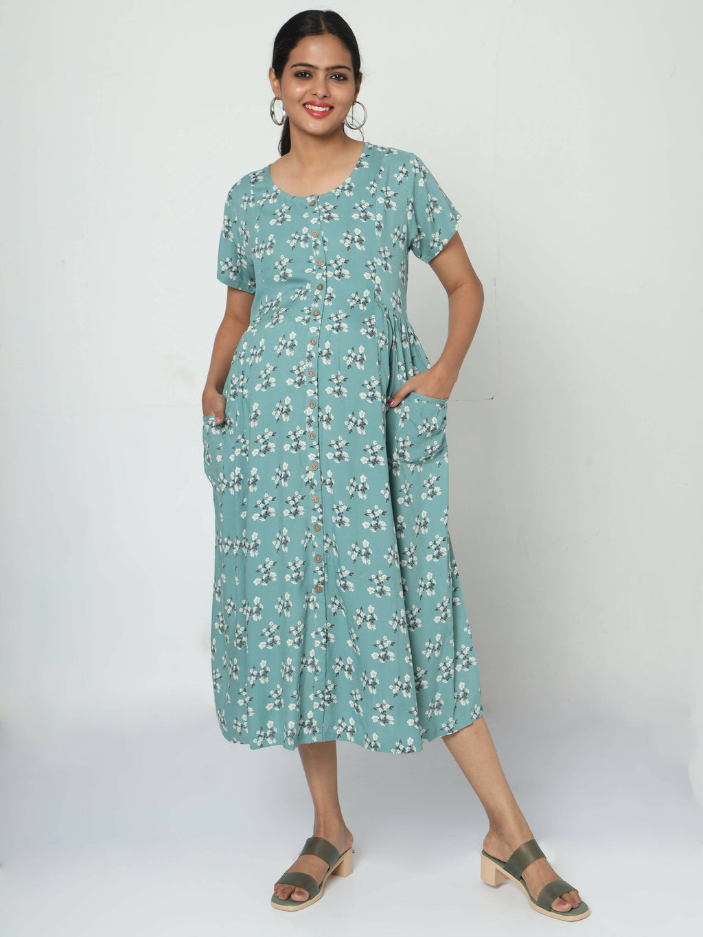 Manet Short Sleeves Maternity Dress Floral Print With Concealed Zipper Nursing Access - Green