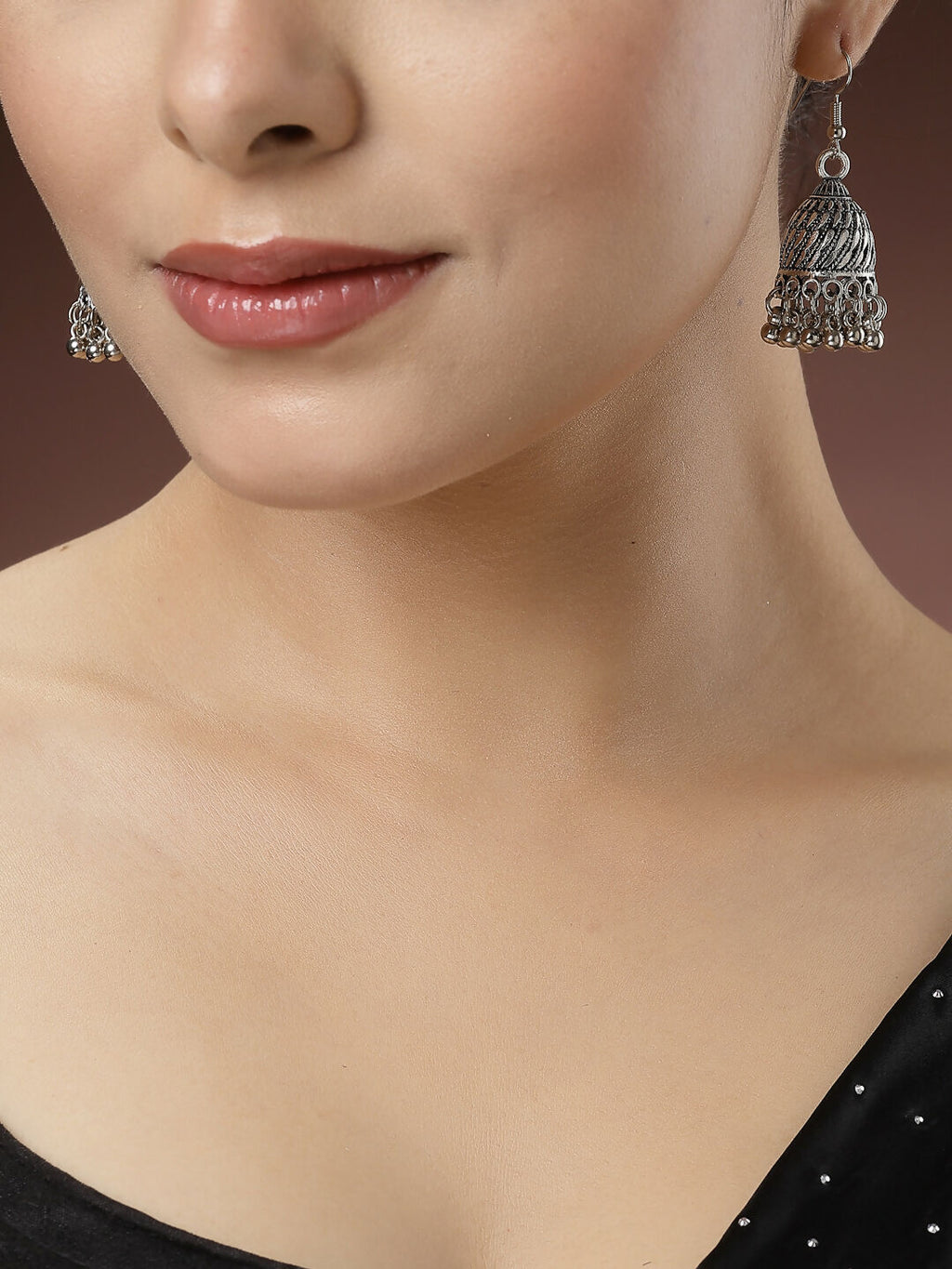 NVR Women's Silver-Toned German Silver Oxidised Dome Shaped Jhumka Earrings