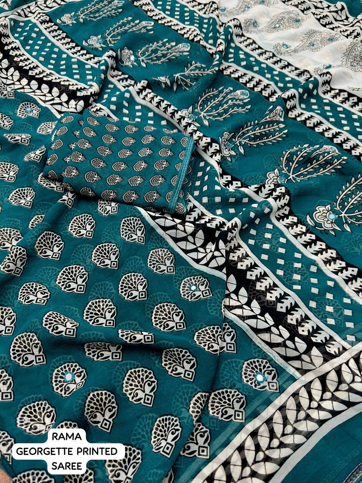 Rama Poly Georgette Ajrak Saree with Unstitched Blouse - Hiral Fashion