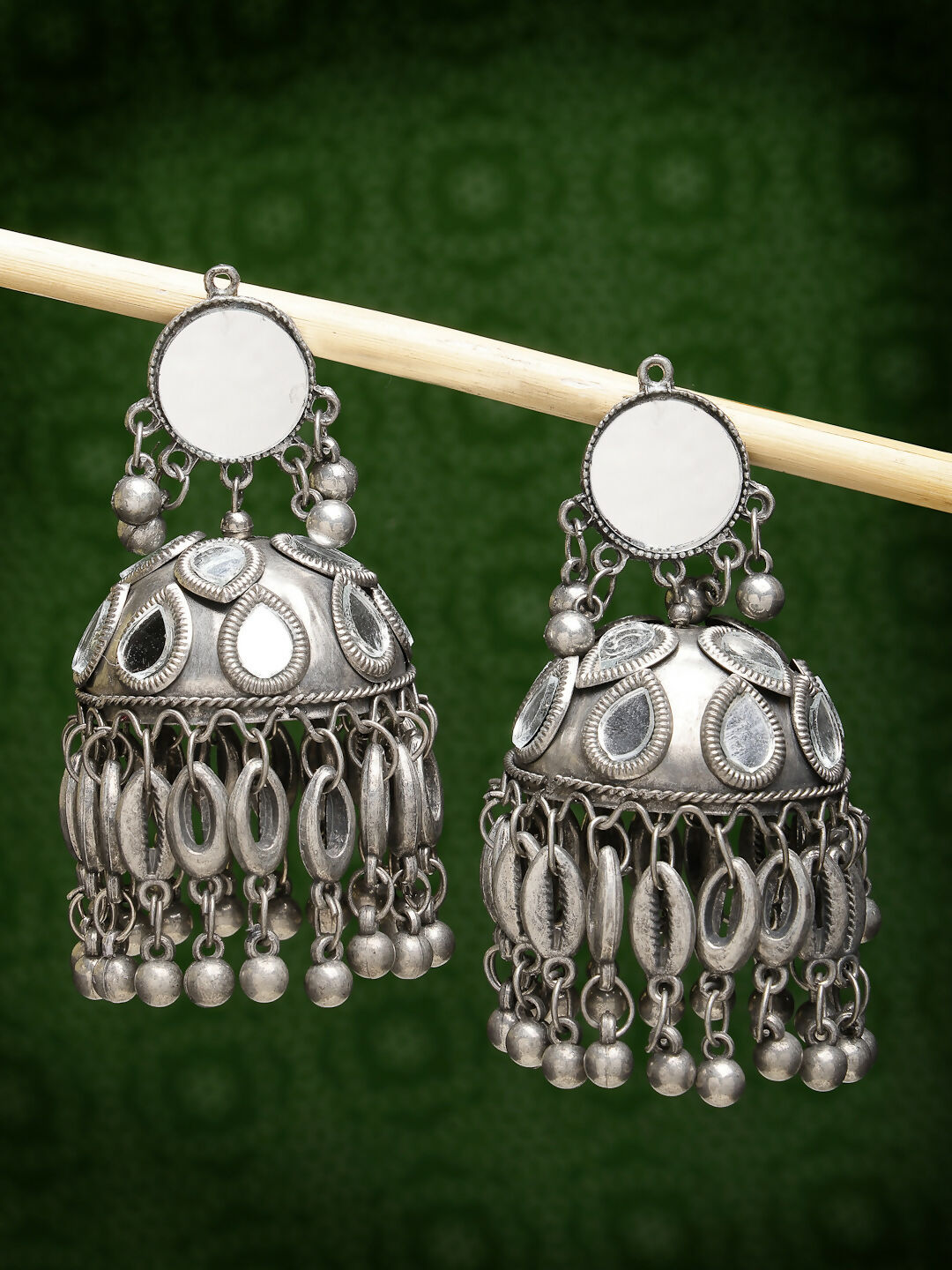 NVR Women's Silver Plated Mirror Work Oxidised Contemporary Jhumka Earrings