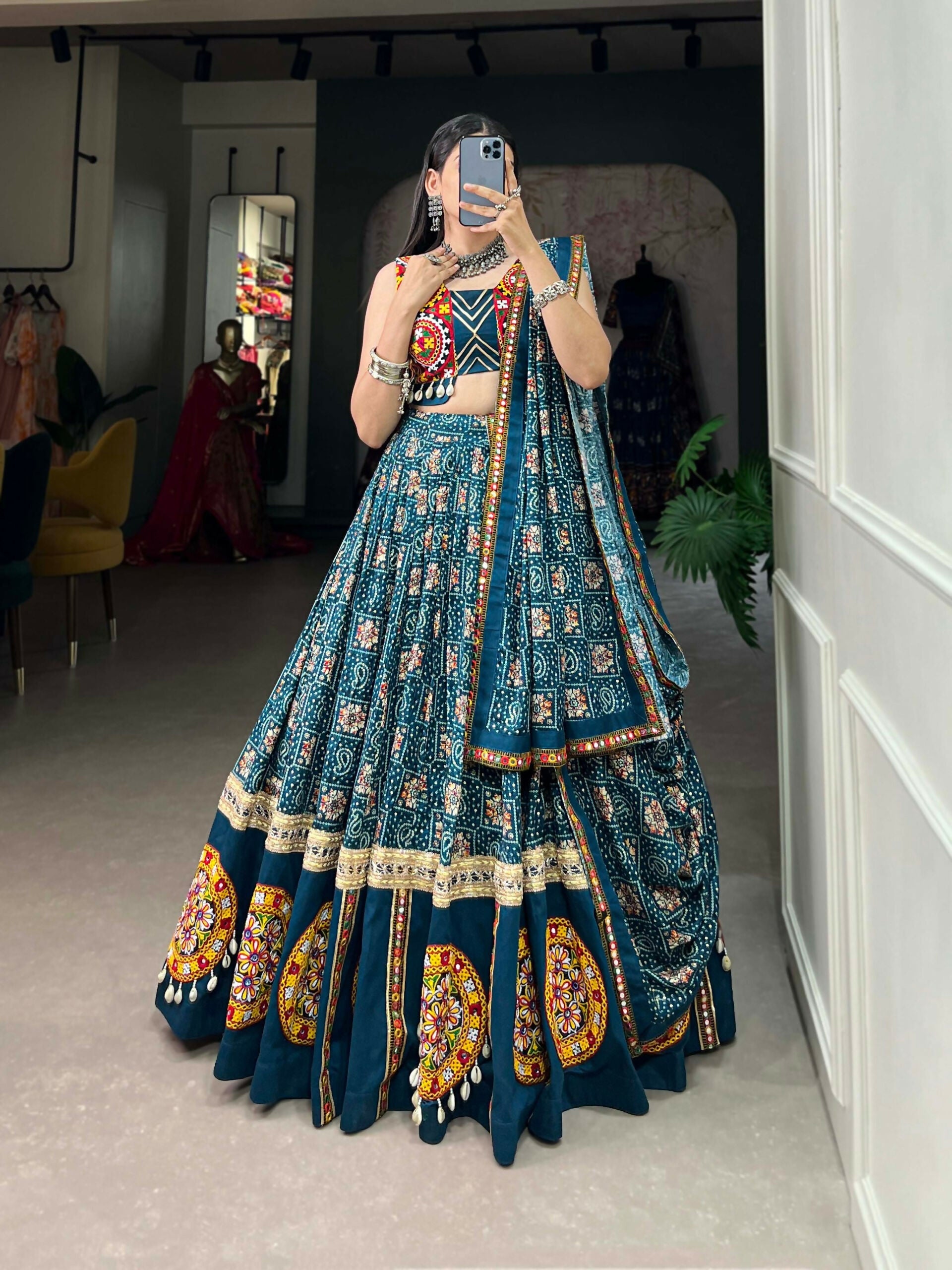 Vastranavya Navaratri Special Pure Rayon Printed With Foil Work And Gamthi Patch Work With Lace Touch Up Lehenga with Stitched Blouse - Teal