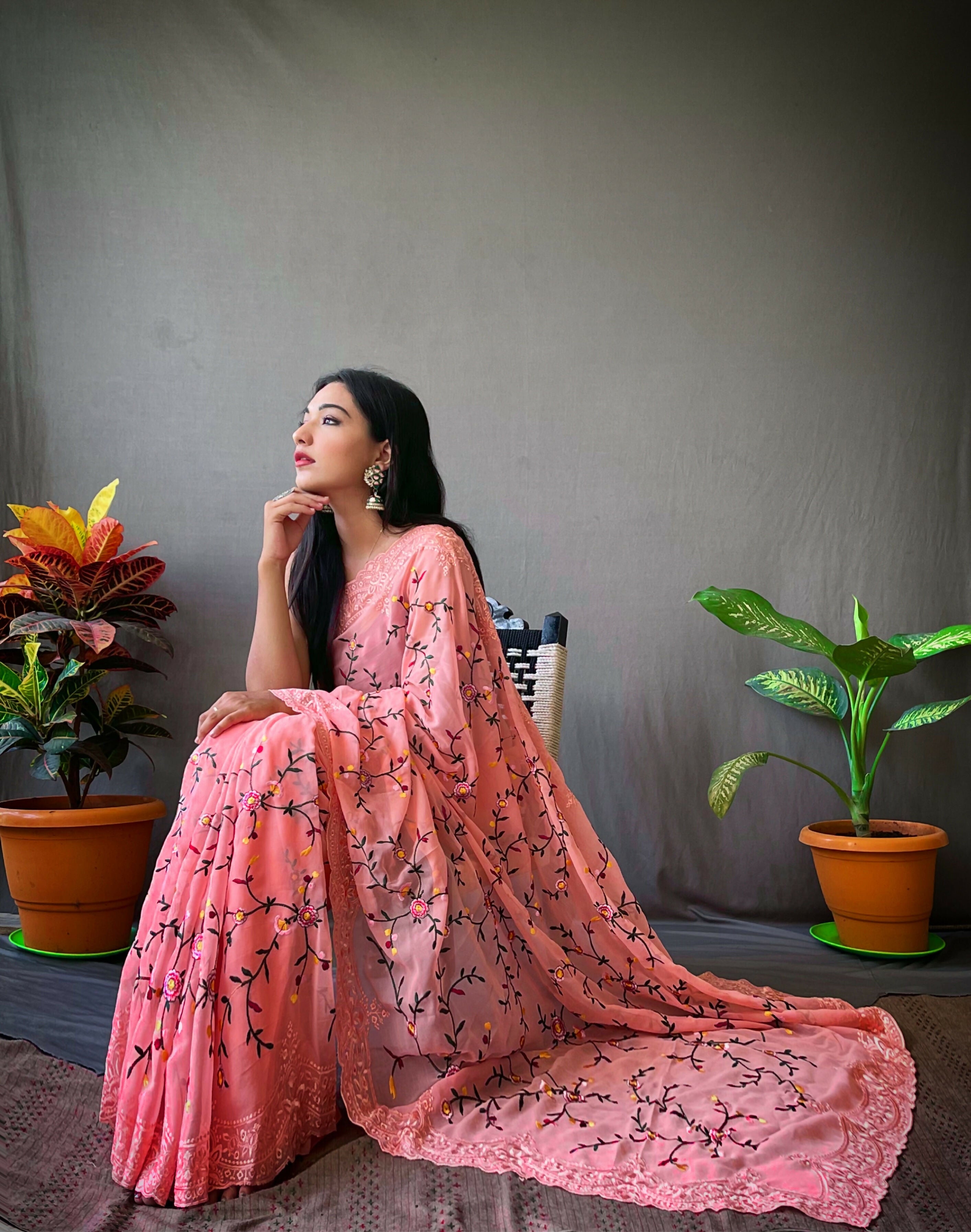 Vamsee Pearl 1 Peach Georgette Saree