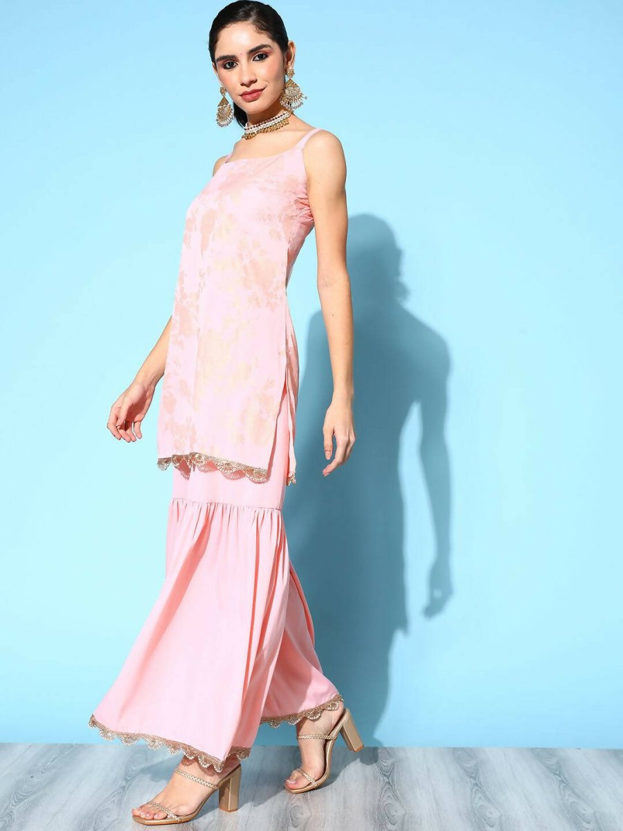 Ahalyaa Women's Baby Pink Crepe Gold Smoke Printed Kurta Sharara Set With Dupatta