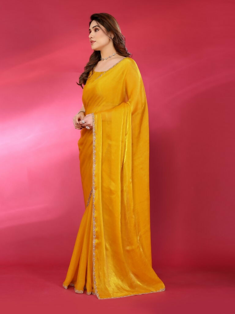 PR Fashion Yellow Jimmy Choo Fabric Palin With Work Lace Saree