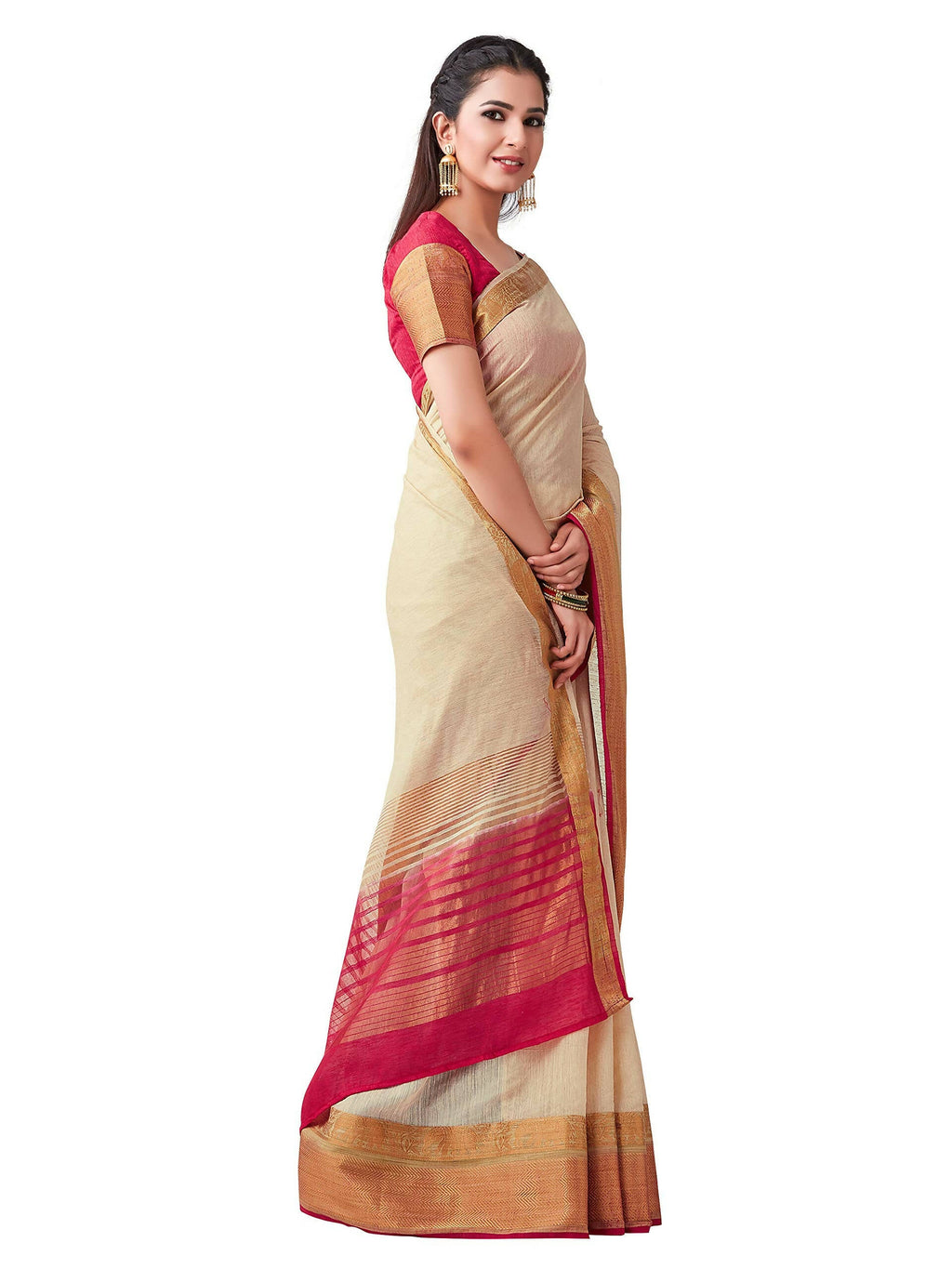 Mimosa Women's Beige Kanchipuram Linen Saree