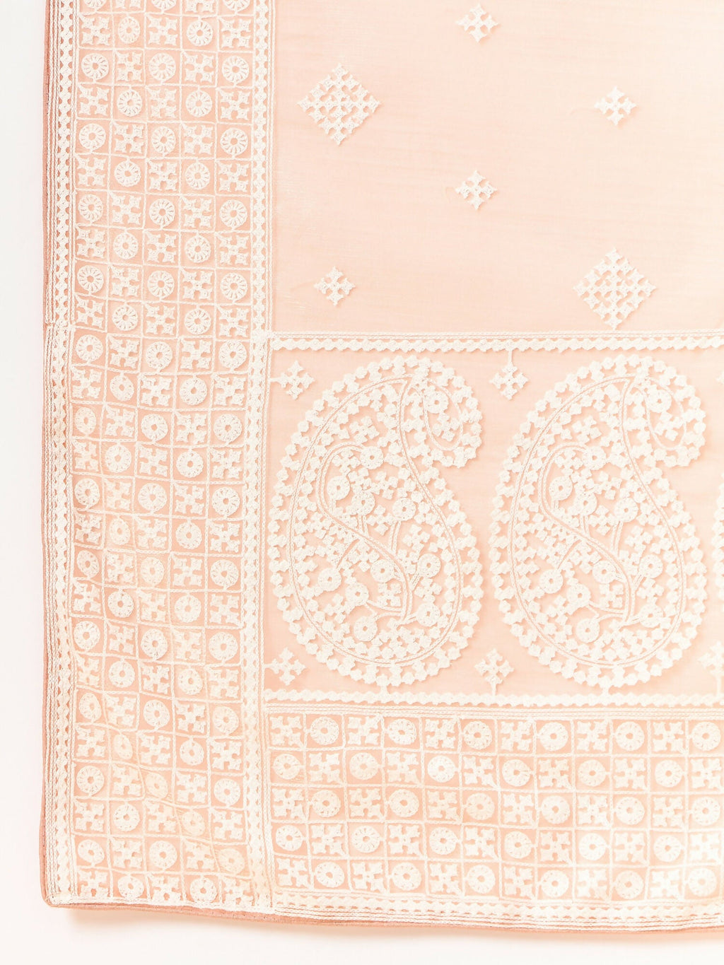 Peach Organza Geometric Embroidered Saree with Unstitched Blouse Piece - Roozal