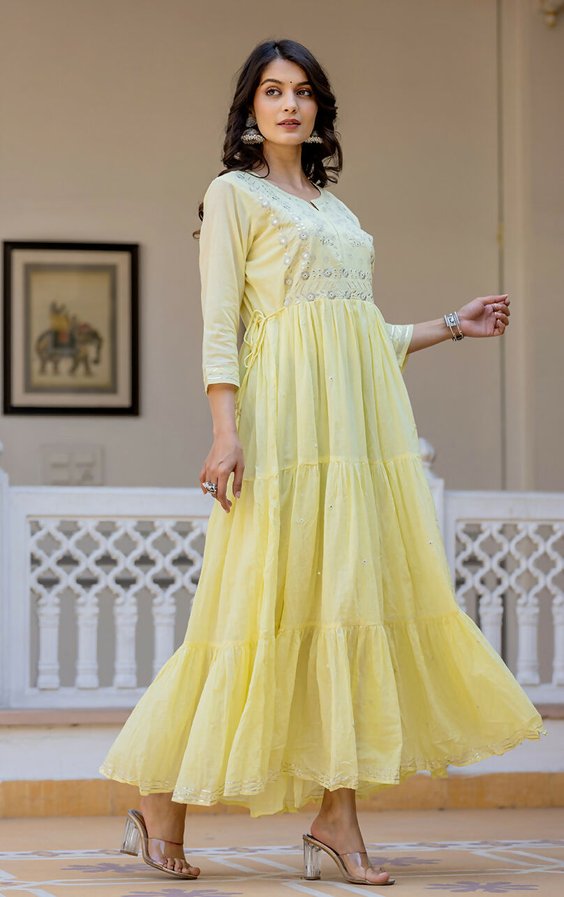Kaajh Women's Yellow Embroidered Ethnic Dress
