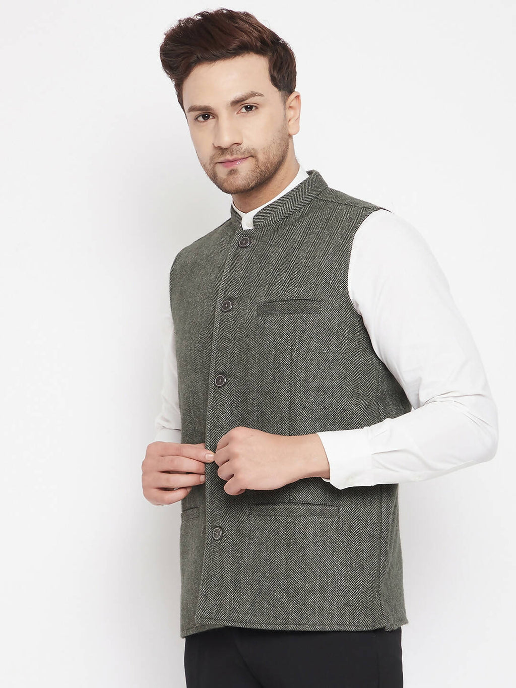 Even Apparels Green Wool Men Woven Nehru Jacket