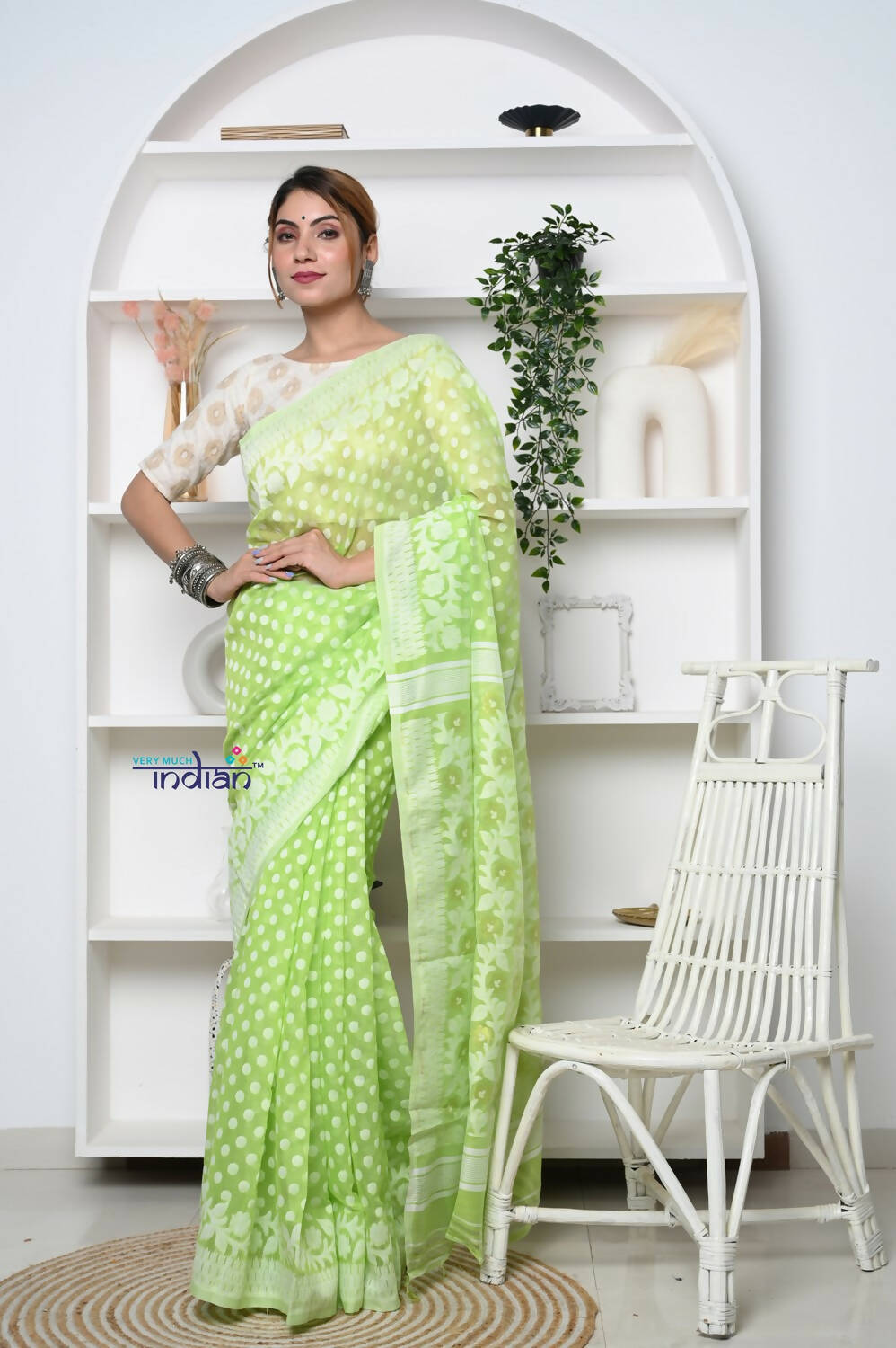 Very Much Indian Jamdhani Cotton Saree - Pista Green